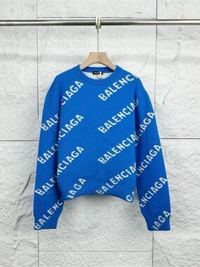 🚩steal Balenciaga Men’s Bright Blue Crewneck Logo Sweater